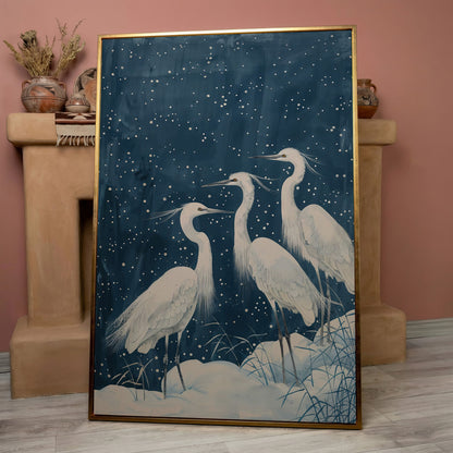 Three White Egrets in a Winter Night Sky Canvas Print in rose gold floating frame