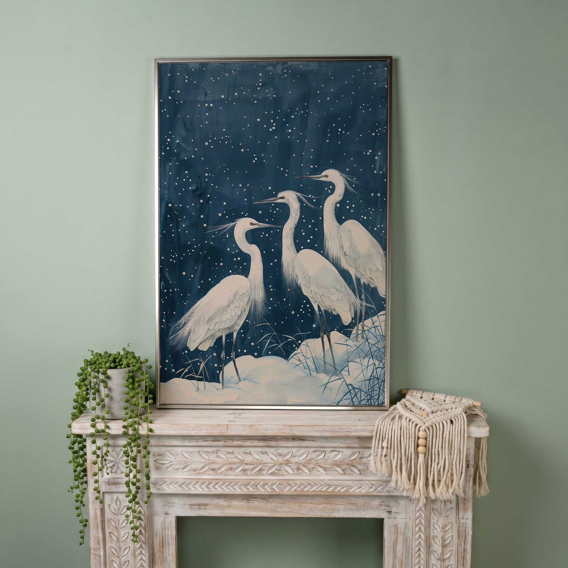 Three White Egrets in a Winter Night Sky Canvas Print in silver floating frame