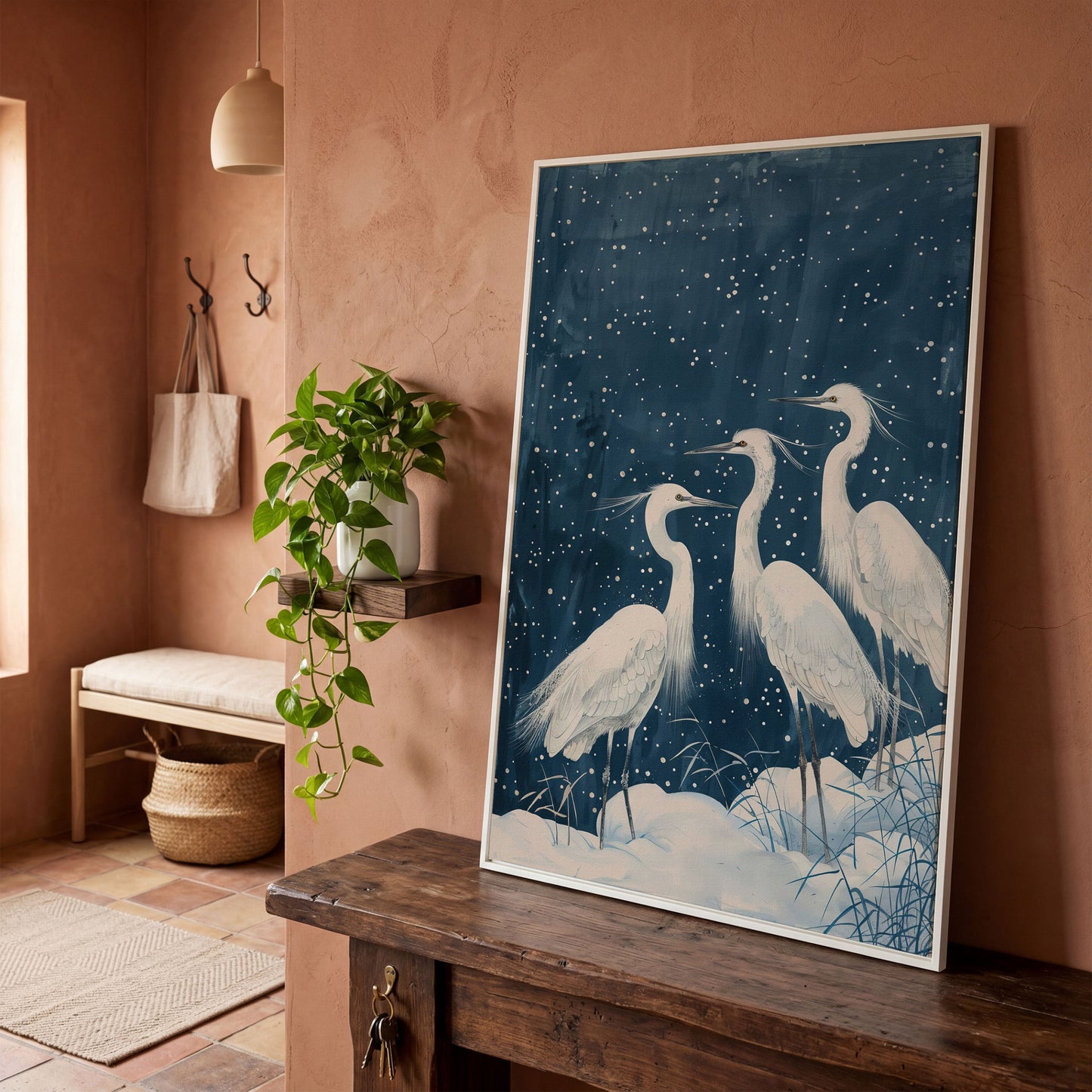 Three White Egrets in a Winter Night Sky Canvas Print in white floating frame