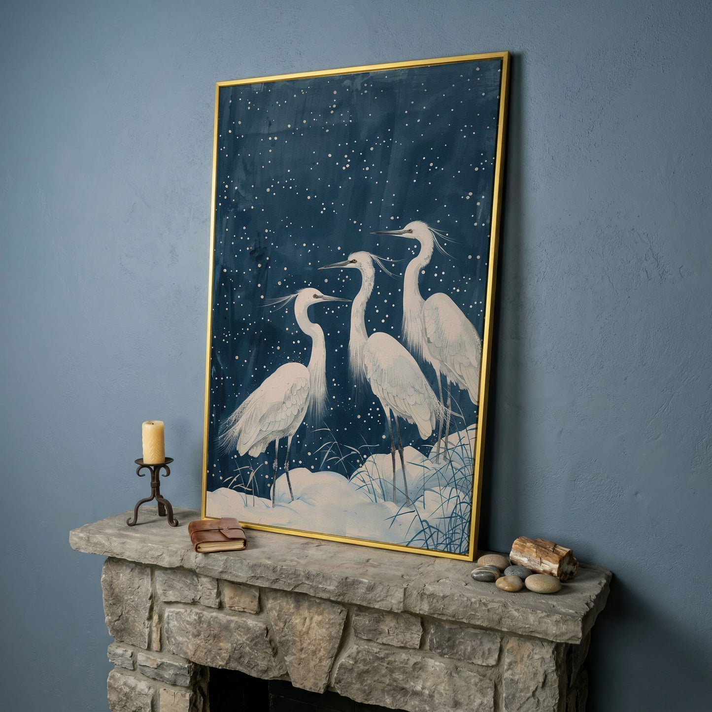 Three White Egrets in a Winter Night Sky Canvas Print in yellow gold floating frame