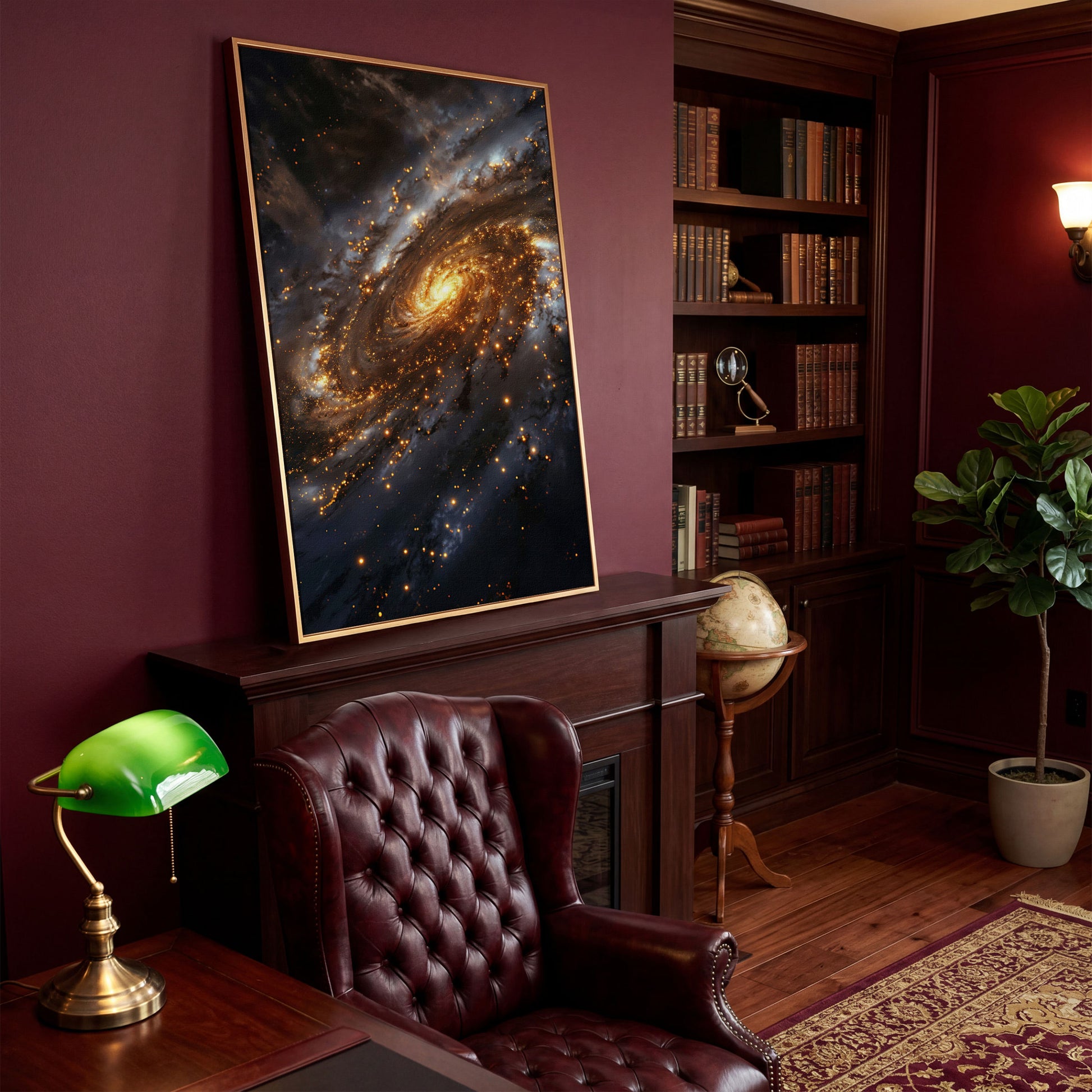 Spiral Galaxy Canvas Art, Glowing Core and Star-Filled Arms in antique gold floating frame