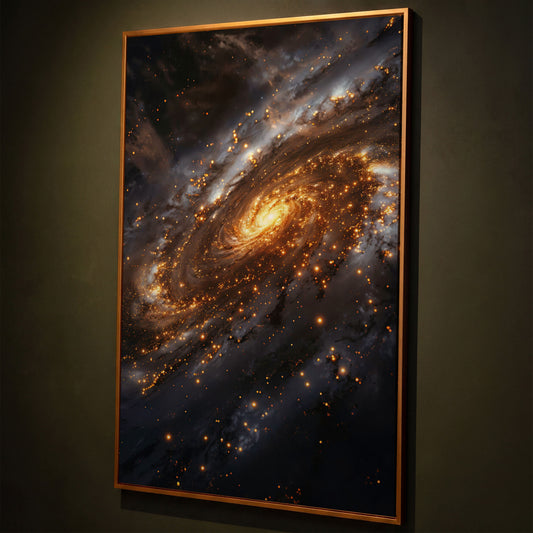 Spiral Galaxy Canvas Art, Glowing Core and Star-Filled Arms shown in antique gold floating frame