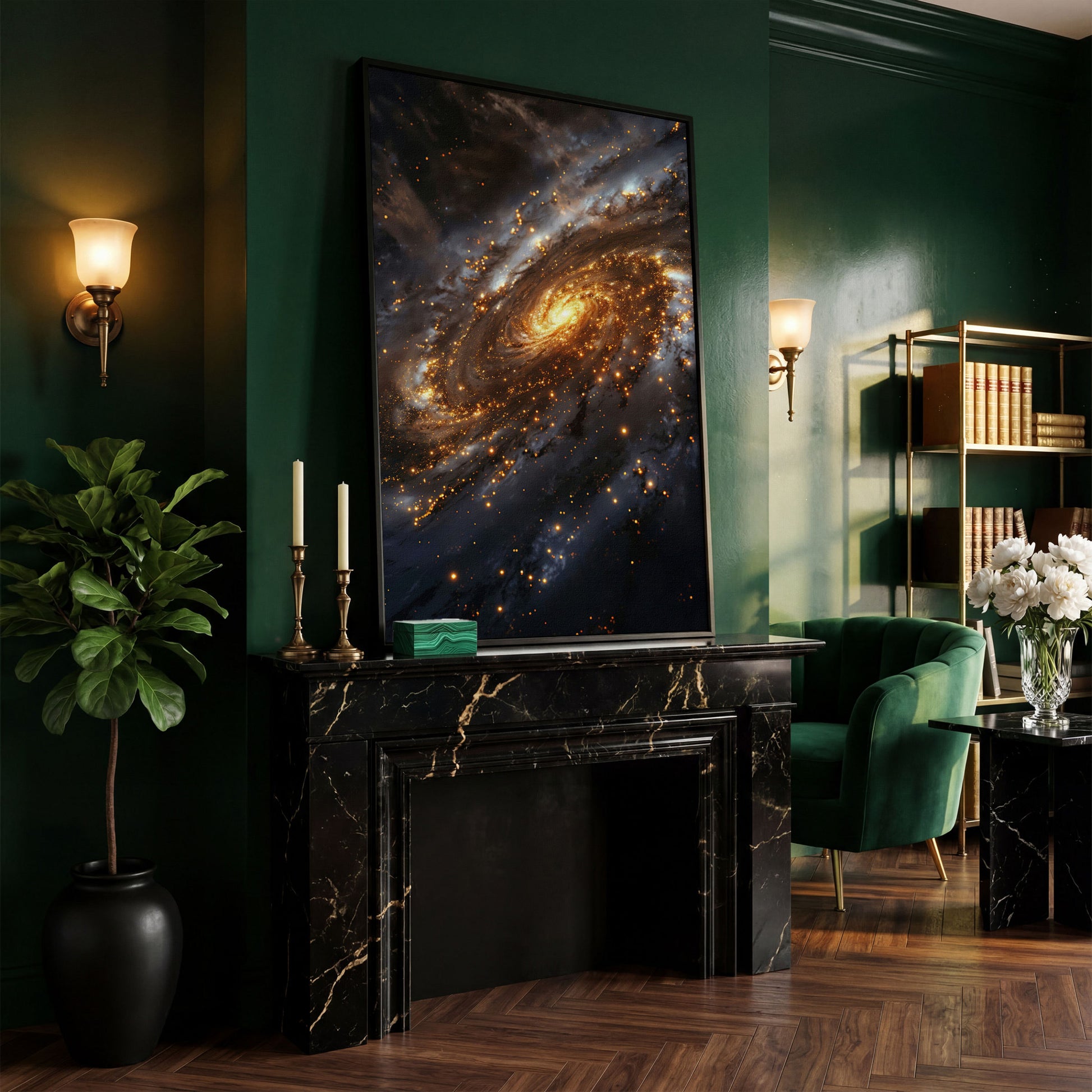 Spiral Galaxy Canvas Art, Glowing Core and Star-Filled Arms in black floating frame