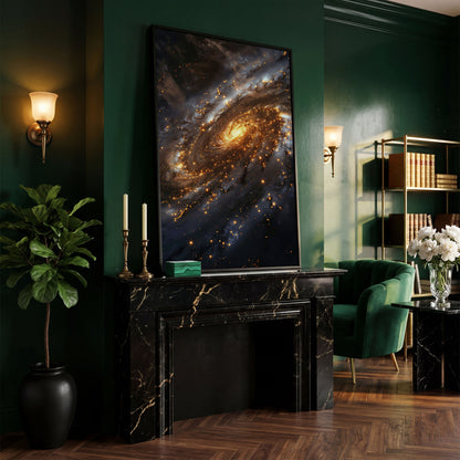 Spiral Galaxy Canvas Art, Glowing Core and Star-Filled Arms in black floating frame