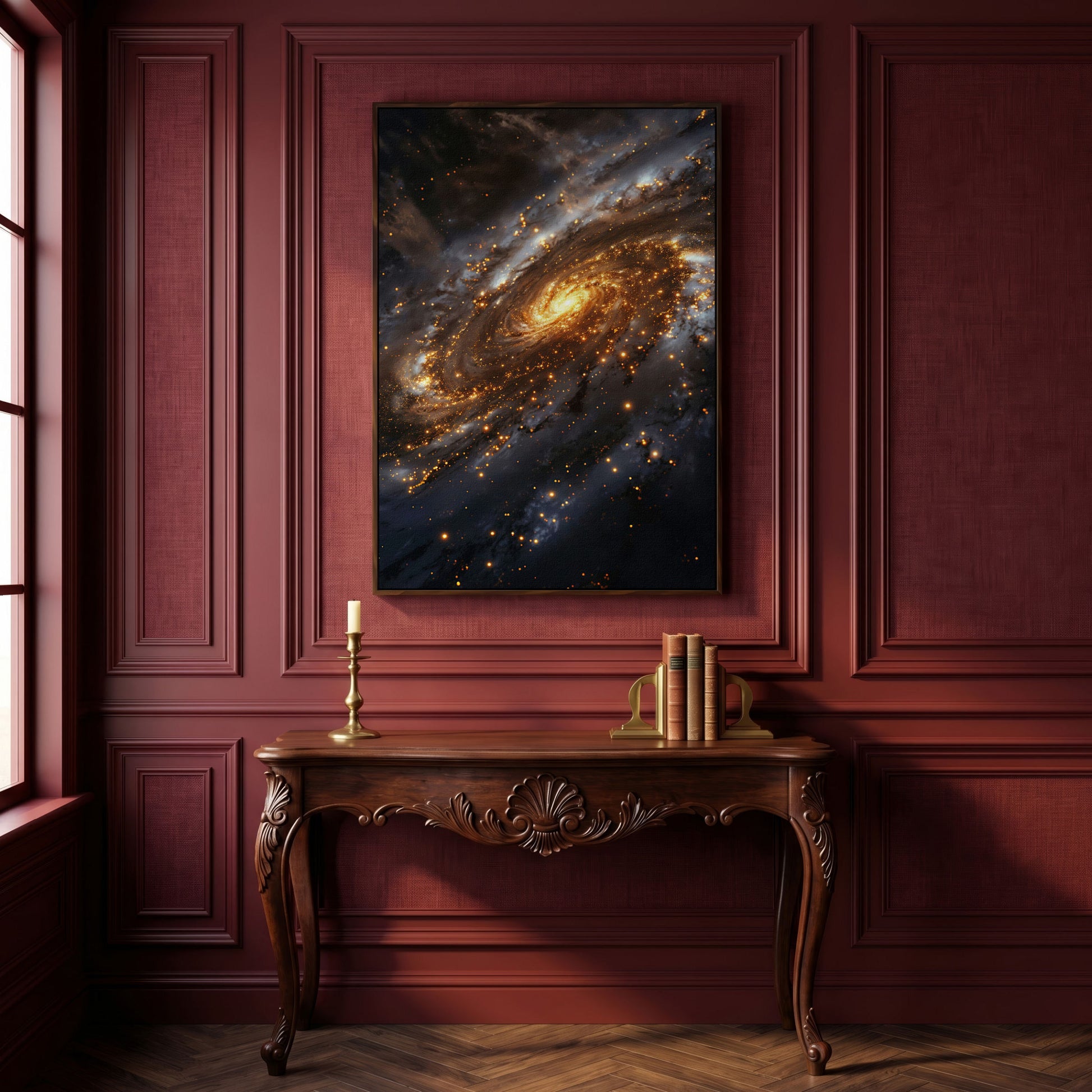 Spiral Galaxy Canvas Art, Glowing Core and Star-Filled Arms in dark walnut floating frame