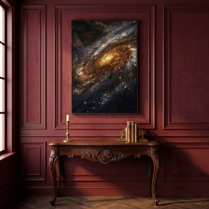 Spiral Galaxy Canvas Art, Glowing Core and Star-Filled Arms in dark walnut floating frame