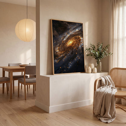 Spiral Galaxy Canvas Art, Glowing Core and Star-Filled Arms in white oak floating frame