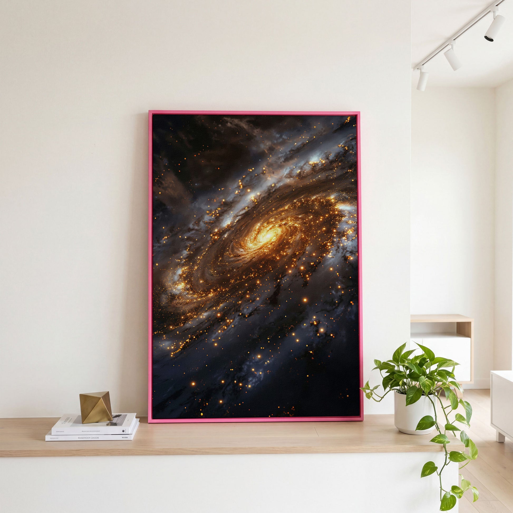 Spiral Galaxy Canvas Art, Glowing Core and Star-Filled Arms in pink floating frame