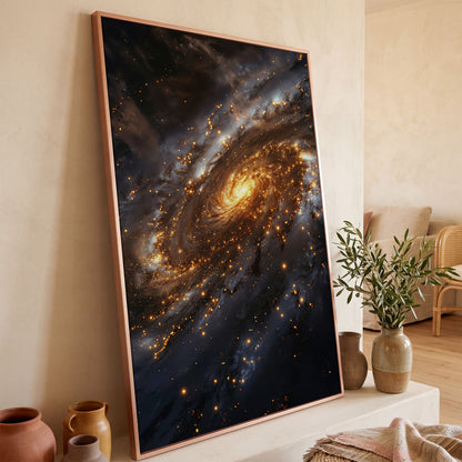 Spiral Galaxy Canvas Art, Glowing Core and Star-Filled Arms in rose gold floating frame