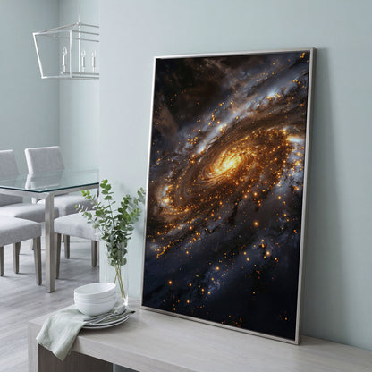 Spiral Galaxy Canvas Art, Glowing Core and Star-Filled Arms in silver floating frame