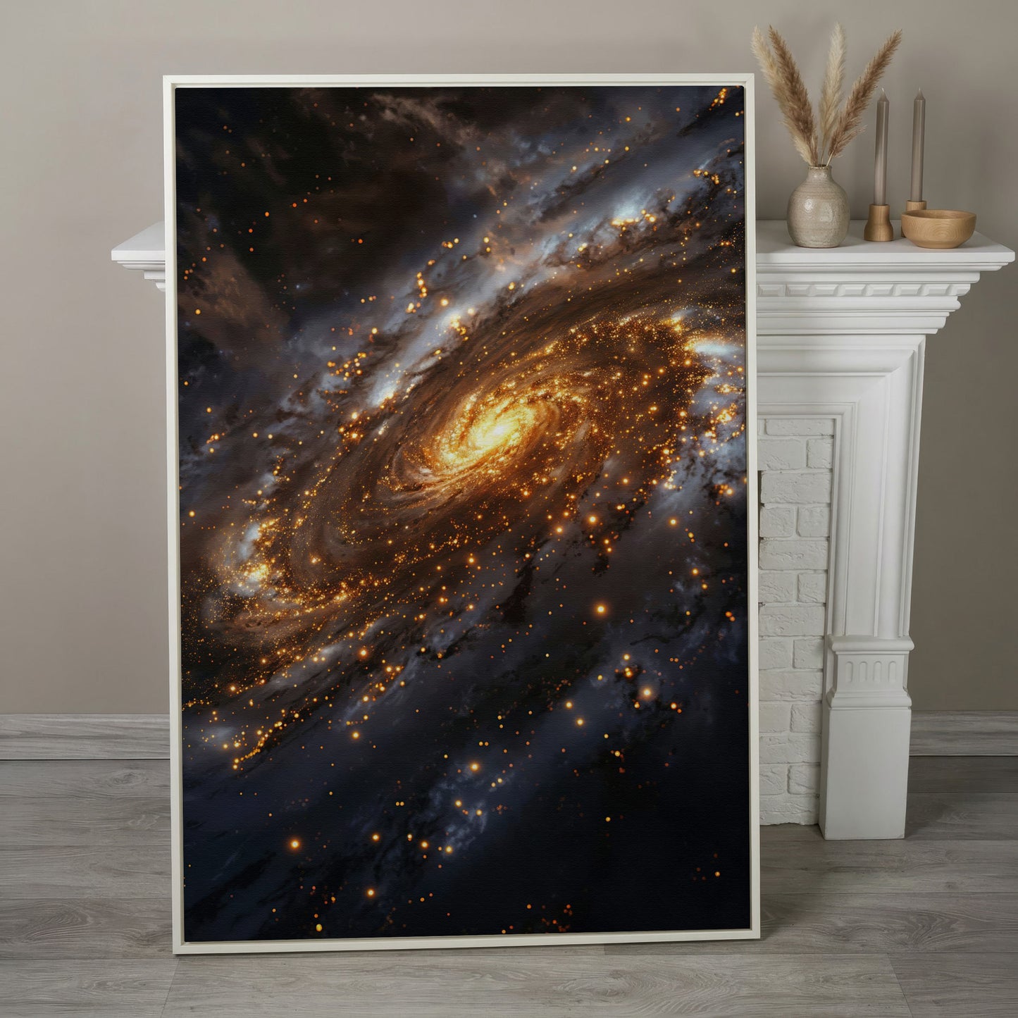 Spiral Galaxy Canvas Art, Glowing Core and Star-Filled Arms in white floating frame