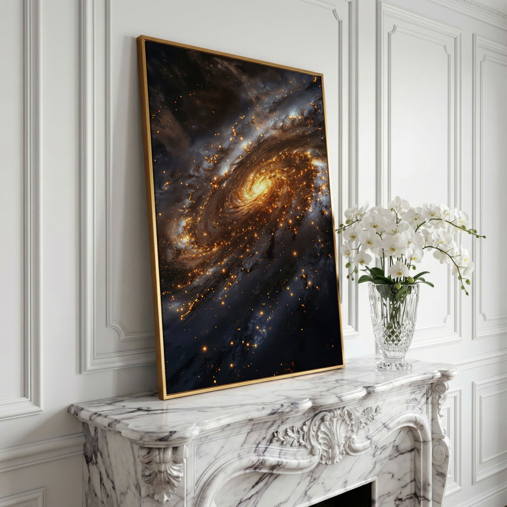 Spiral Galaxy Canvas Art, Glowing Core and Star-Filled Arms in yellow gold floating frame