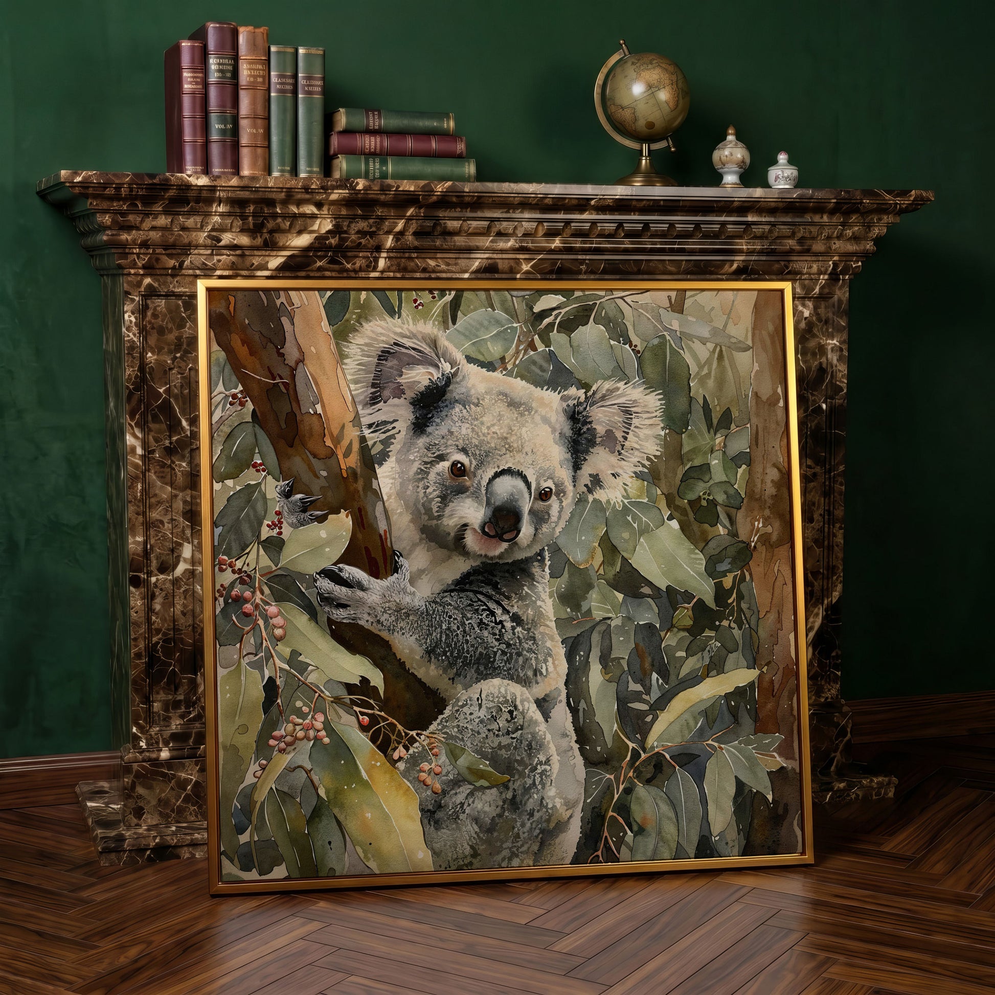 Koala on Eucalyptus Branch, Square Canvas Wall Art in antique gold floating frame
