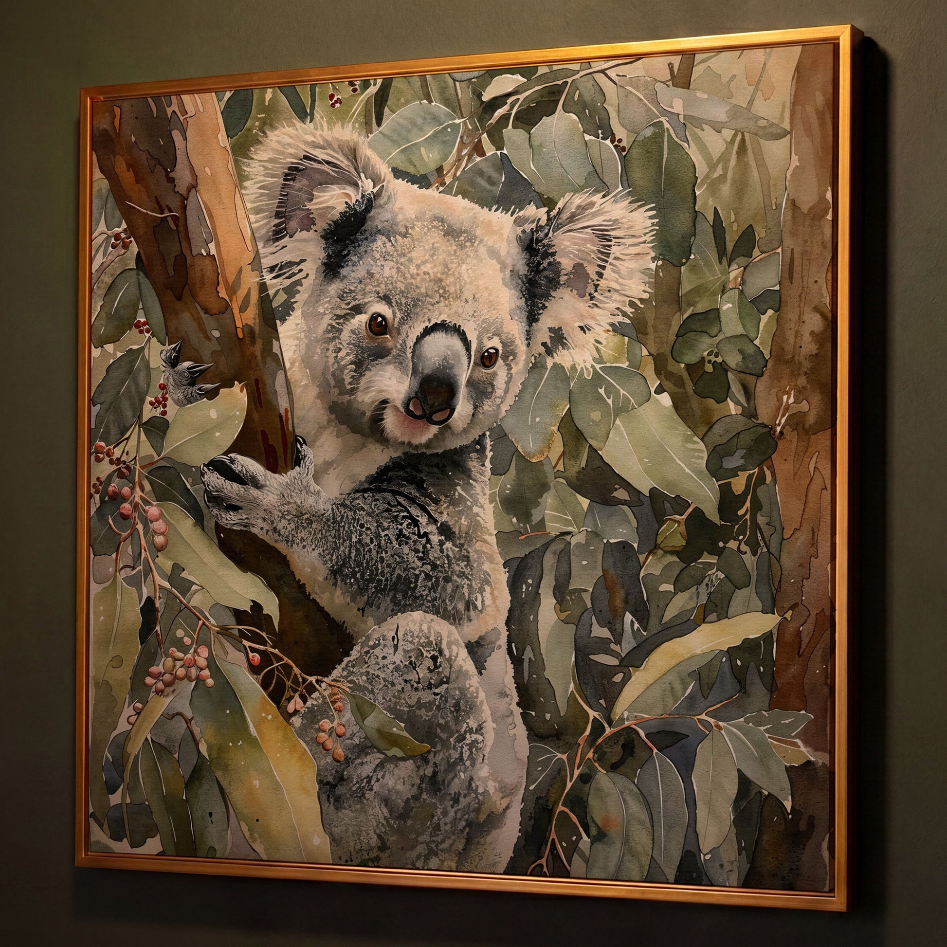 Koala on Eucalyptus Branch, Square Canvas Wall Art shown in antique gold floating frame