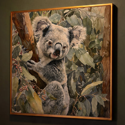 Koala on Eucalyptus Branch, Square Canvas Wall Art shown in antique gold floating frame
