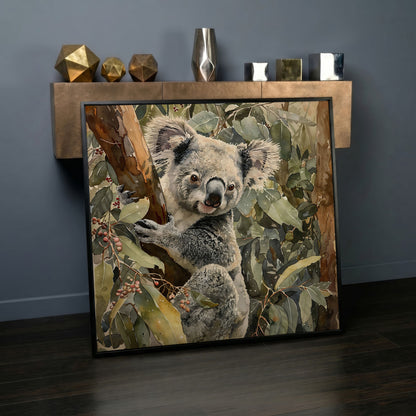 Koala on Eucalyptus Branch, Square Canvas Wall Art in black floating frame