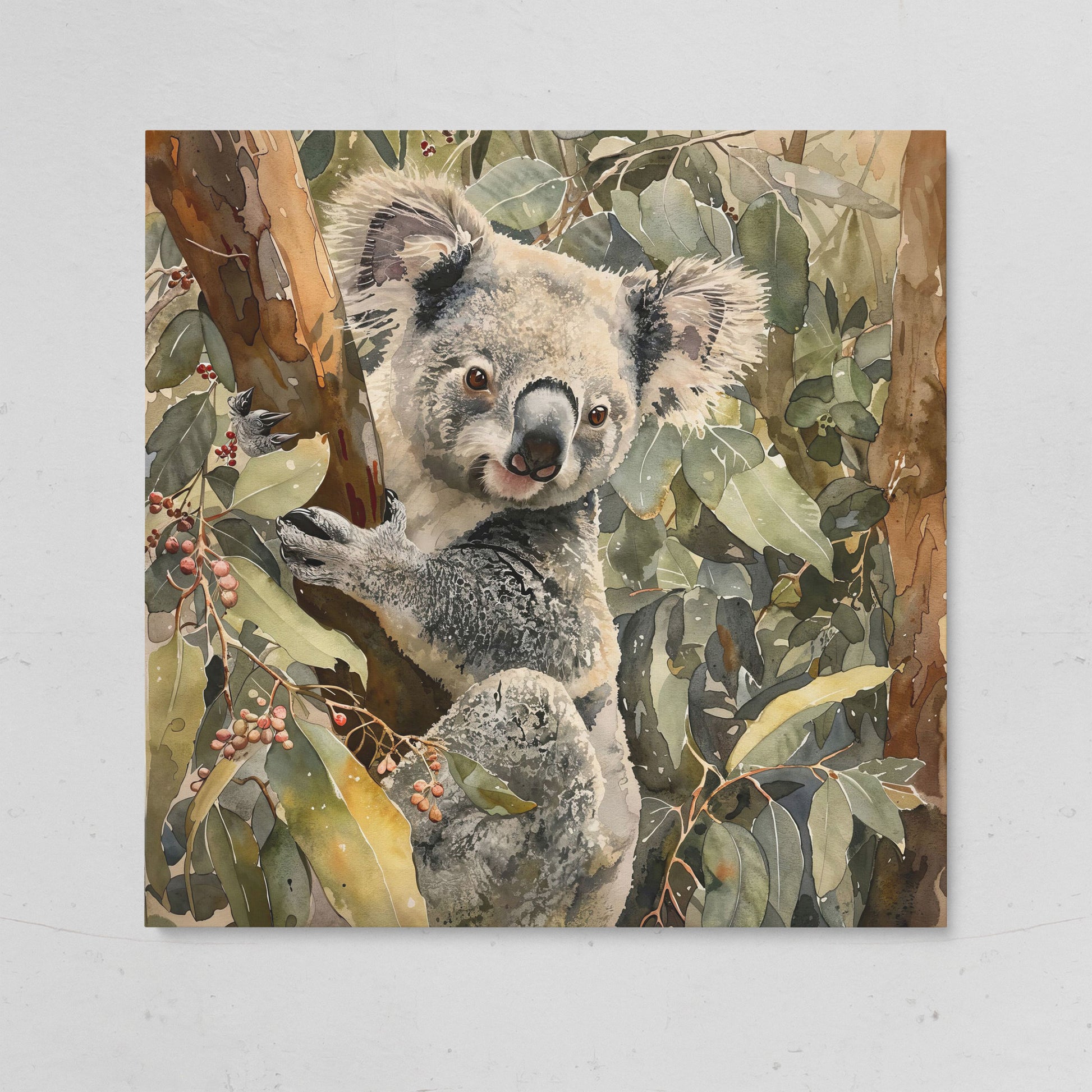 Koala on Eucalyptus Branch, Square Canvas Wall Art on gallery wrap