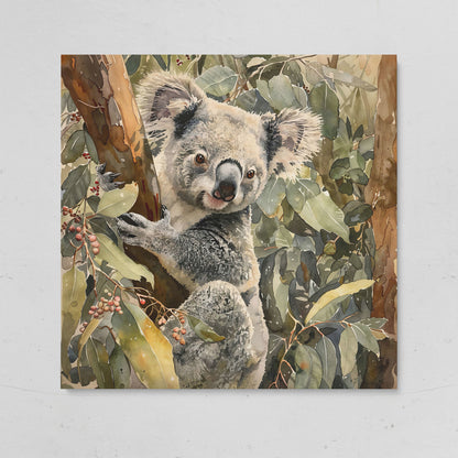 Koala on Eucalyptus Branch, Square Canvas Wall Art on gallery wrap
