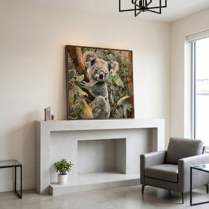 Koala on Eucalyptus Branch, Square Canvas Wall Art in dark walnut floating frame