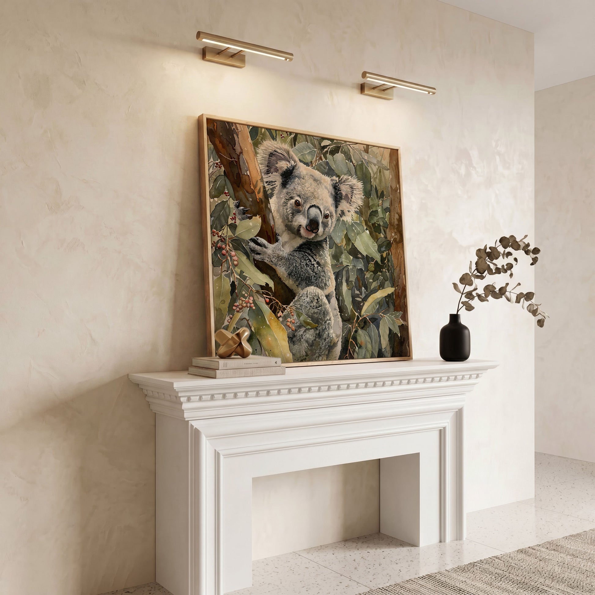 Koala on Eucalyptus Branch, Square Canvas Wall Art in white oak floating frame
