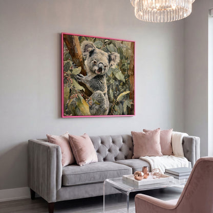 Koala on Eucalyptus Branch, Square Canvas Wall Art in pink floating frame