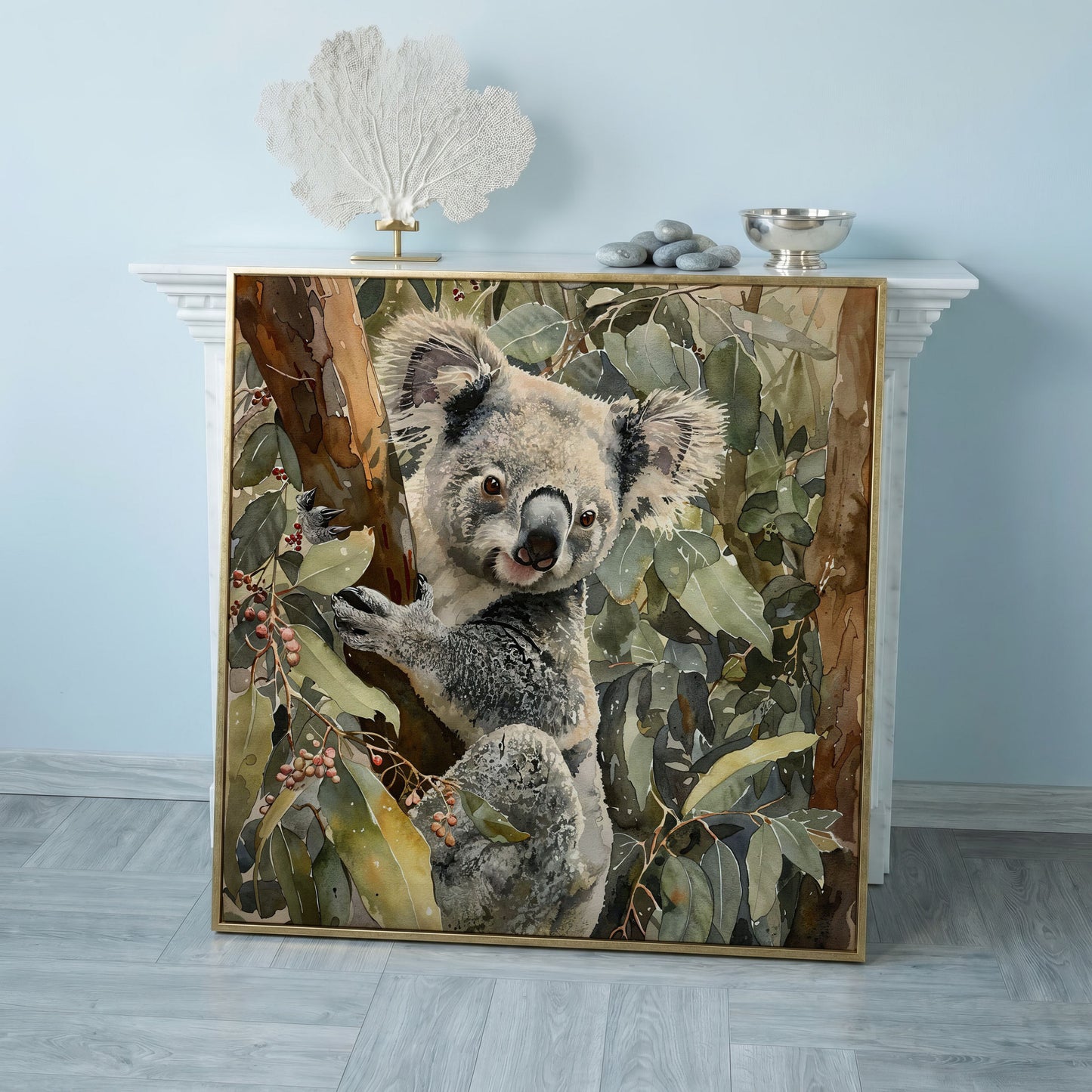 Koala on Eucalyptus Branch, Square Canvas Wall Art in rose gold floating frame
