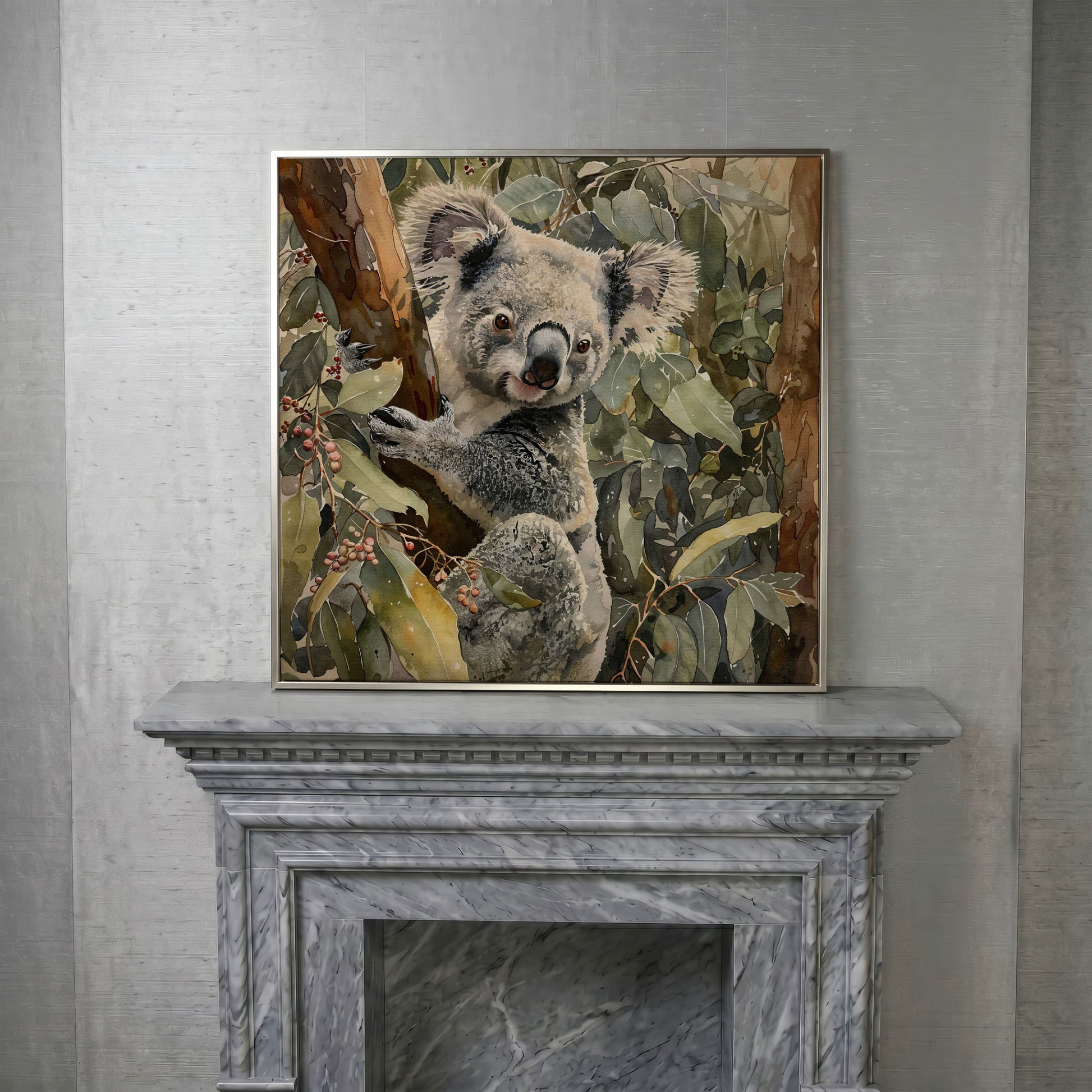 Koala on Eucalyptus Branch, Square Canvas Wall Art in silver floating frame