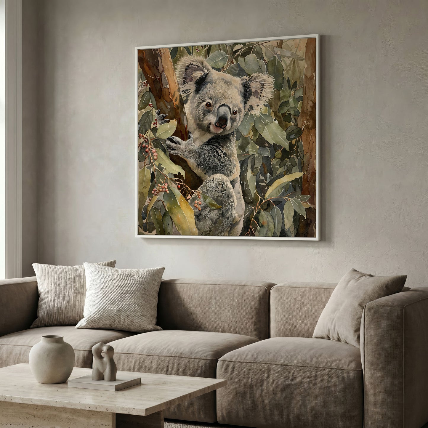Koala on Eucalyptus Branch, Square Canvas Wall Art in white floating frame
