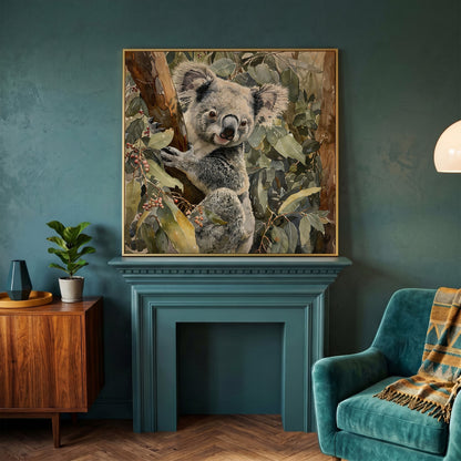 Koala on Eucalyptus Branch, Square Canvas Wall Art in yellow gold floating frame