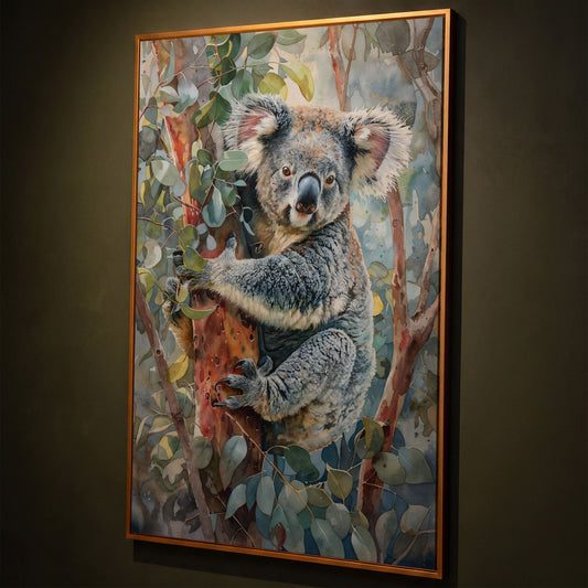 Koala on Eucalyptus Tree Canvas Wall Art shown in antique gold floating frame