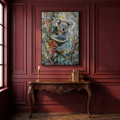 Koala on Eucalyptus Tree Canvas Wall Art in dark walnut floating frame