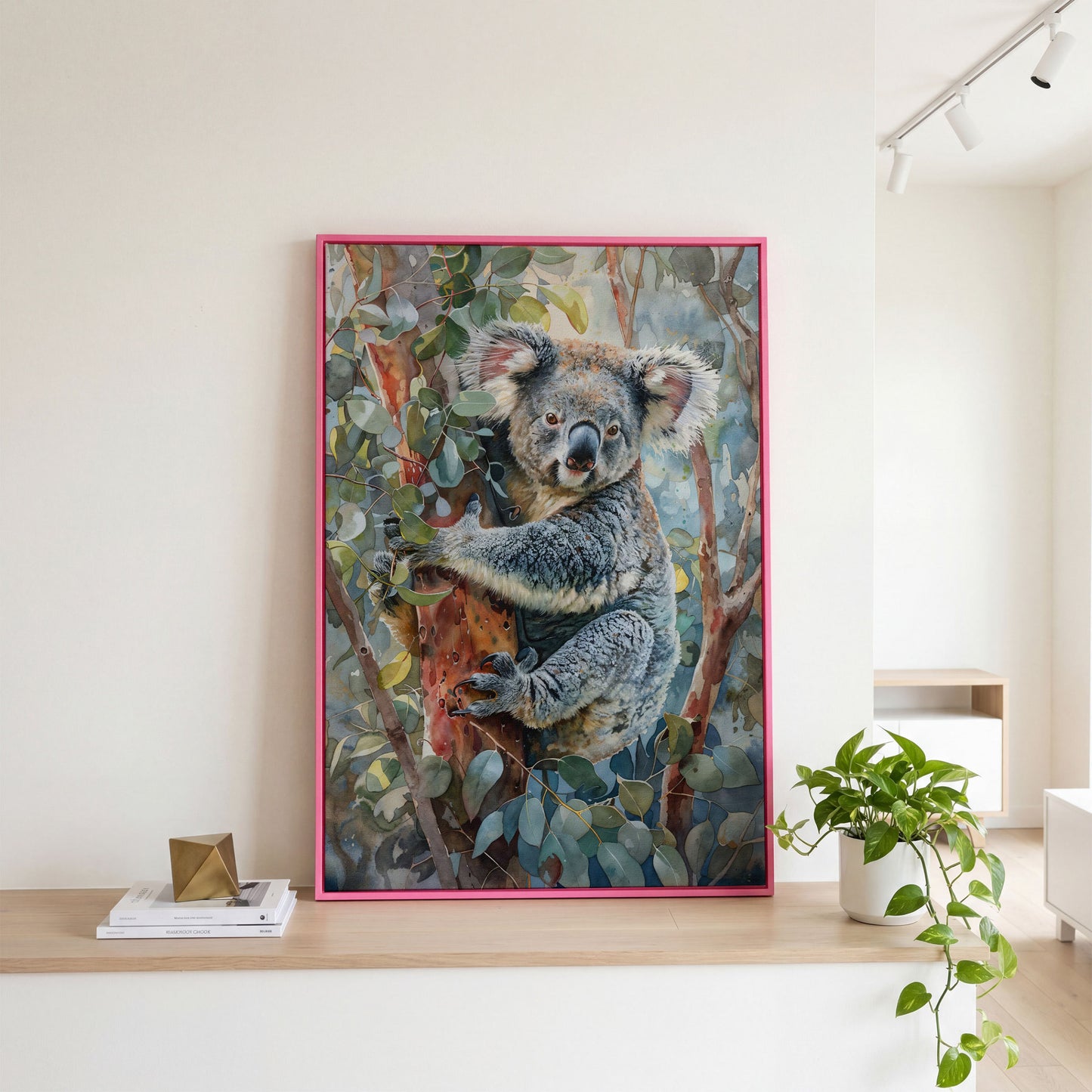 Koala on Eucalyptus Tree Canvas Wall Art in pink floating frame
