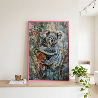 Koala on Eucalyptus Tree Canvas Wall Art in pink floating frame