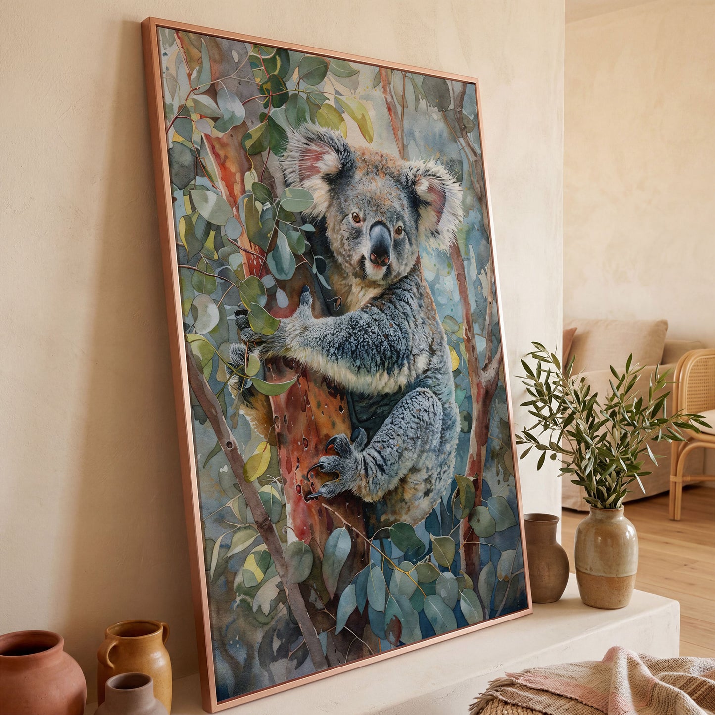 Koala on Eucalyptus Tree Canvas Wall Art in rose gold floating frame