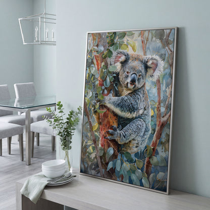 Koala on Eucalyptus Tree Canvas Wall Art in silver floating frame