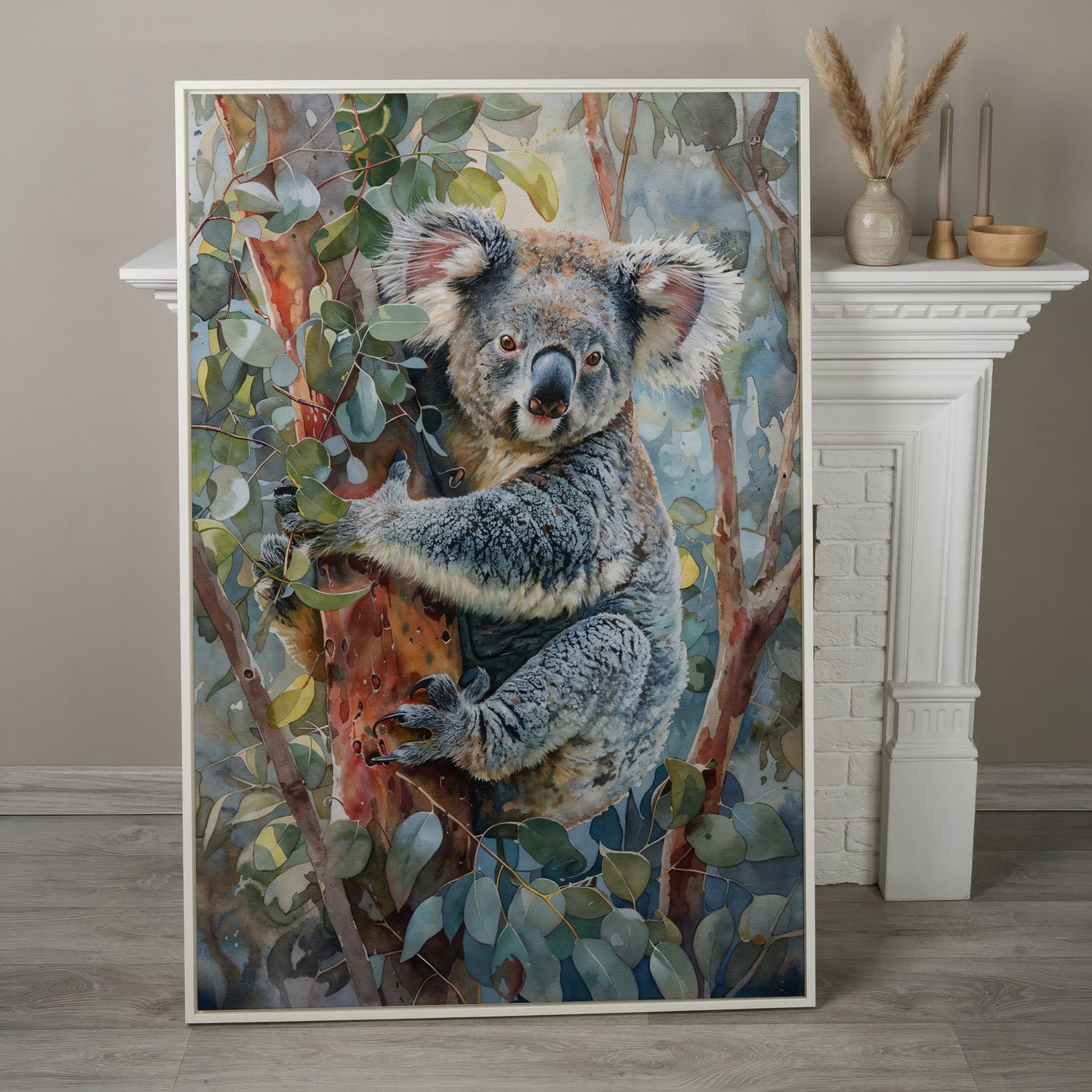 Koala on Eucalyptus Tree Canvas Wall Art in white floating frame