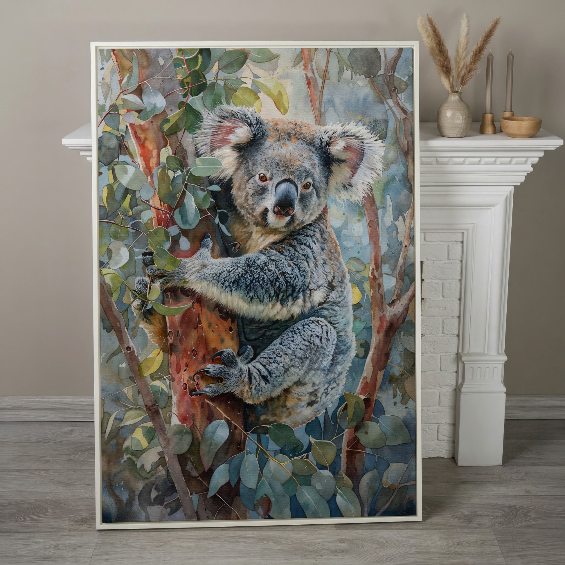 Koala on Eucalyptus Tree Canvas Wall Art in white floating frame