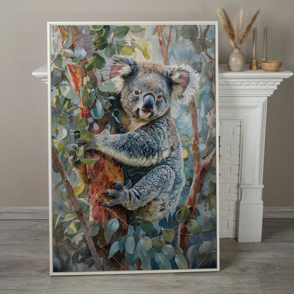Koala on Eucalyptus Tree Canvas Wall Art in white floating frame