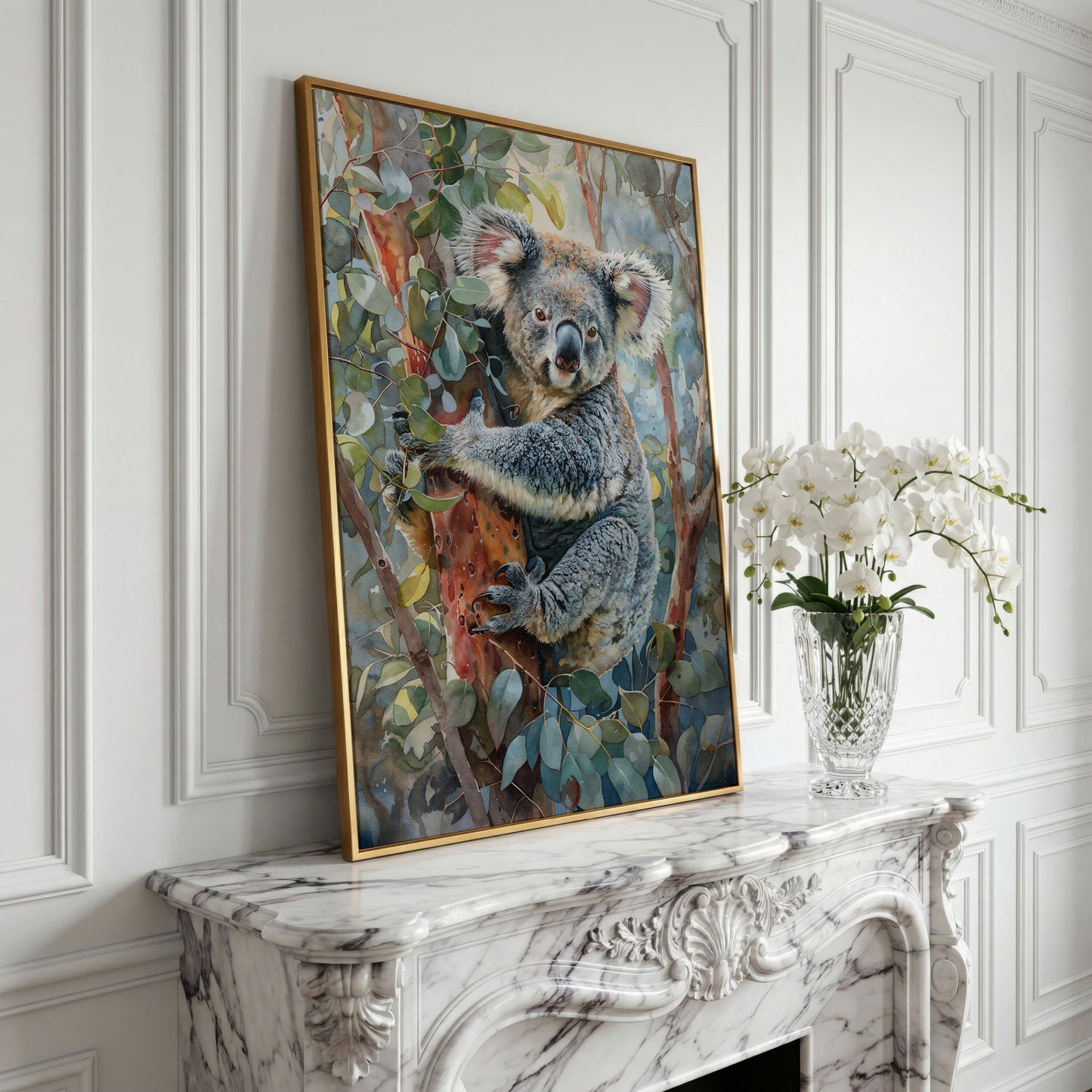 Koala on Eucalyptus Tree Canvas Wall Art in yellow gold floating frame
