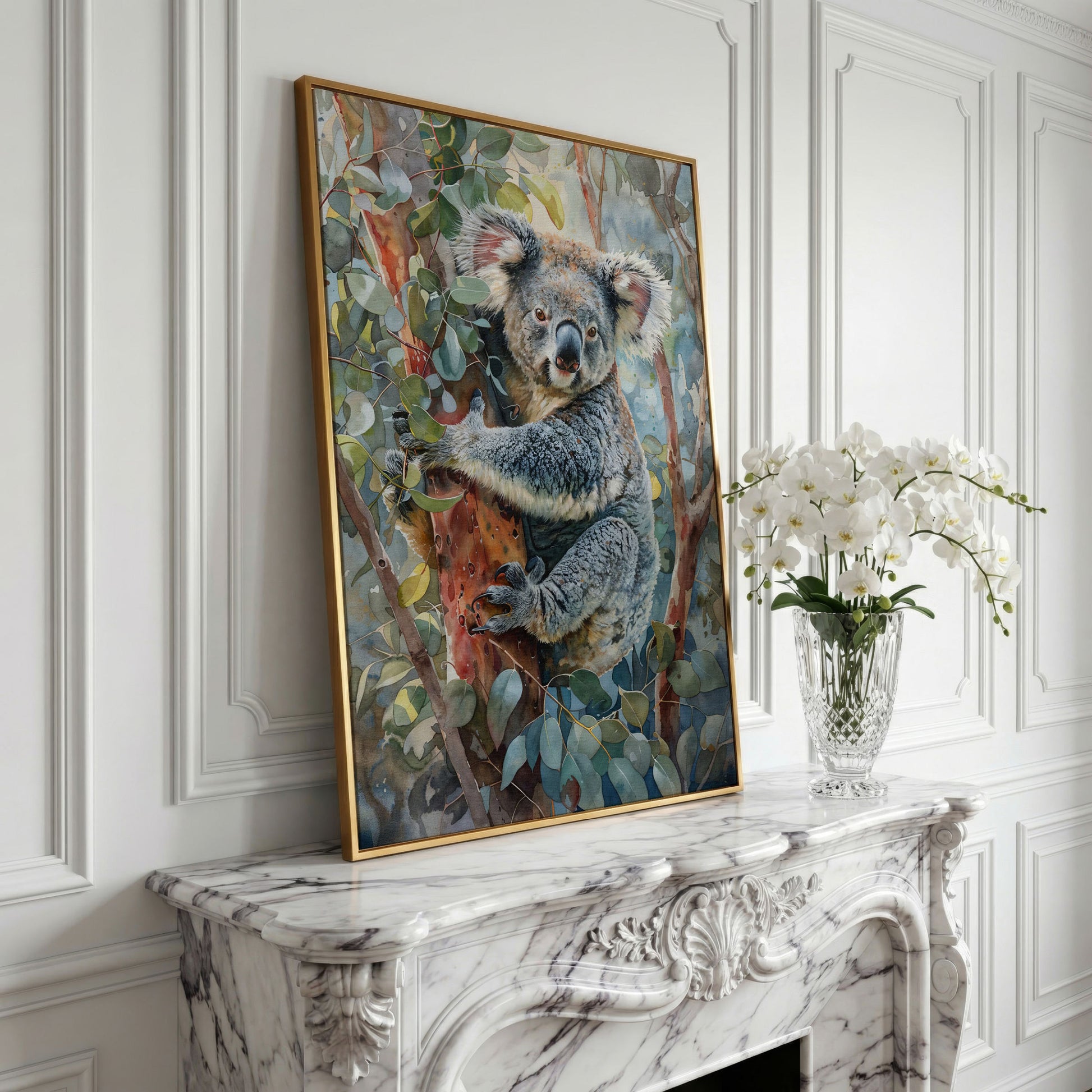 Koala on Eucalyptus Tree Canvas Wall Art in yellow gold floating frame