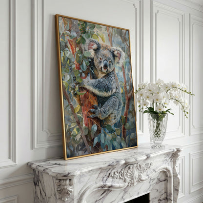 Koala on Eucalyptus Tree Canvas Wall Art in yellow gold floating frame