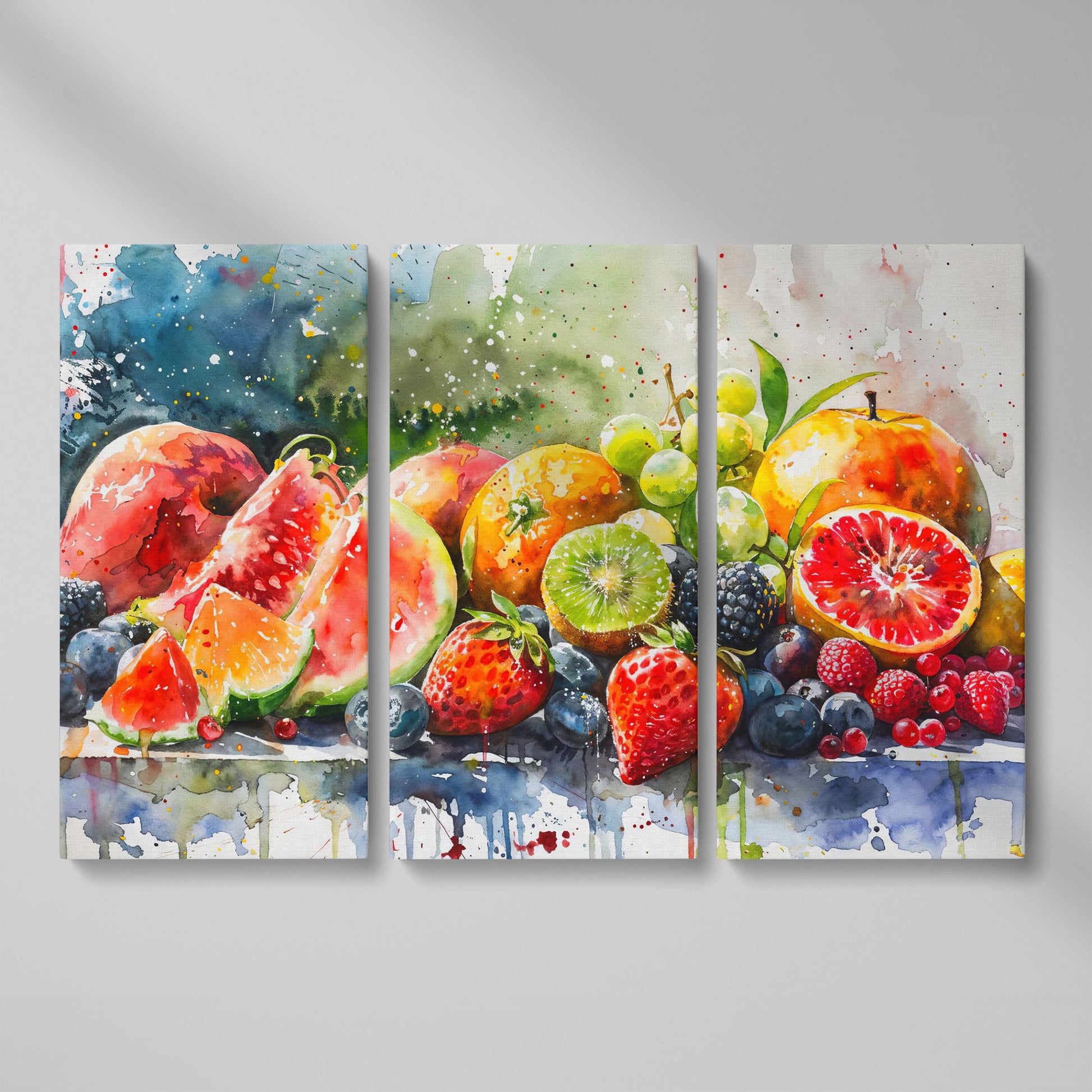 Summer Fruits Still Life Canvas Art, Watercolor Kitchen Wall Decor as 3-panel split version