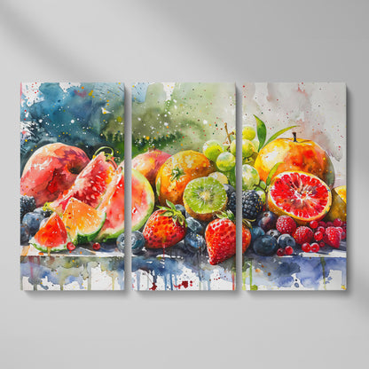 Summer Fruits Still Life Canvas Art, Watercolor Kitchen Wall Decor as 3-panel split version