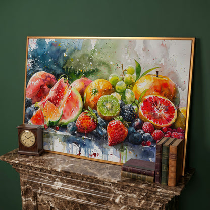 Summer Fruits Still Life Canvas Art, Watercolor Kitchen Wall Decor in antique gold floating frame