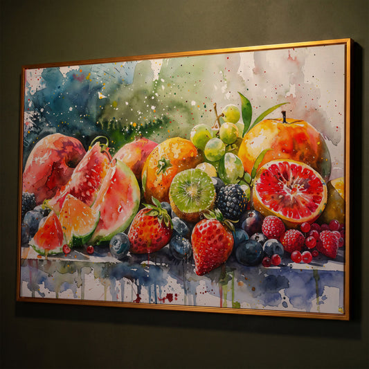Summer Fruits Still Life Canvas Art, Watercolor Kitchen Wall Decor shown in antique gold floating frame