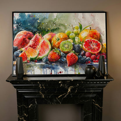 Summer Fruits Still Life Canvas Art, Watercolor Kitchen Wall Decor in black floating frame
