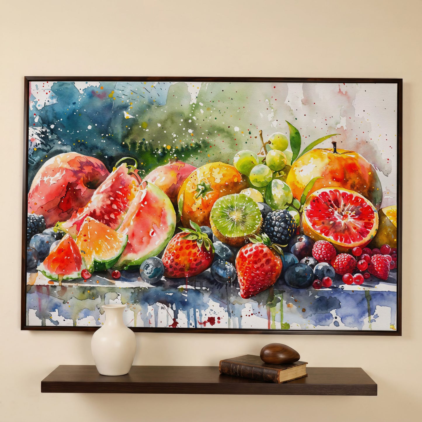 Summer Fruits Still Life Canvas Art, Watercolor Kitchen Wall Decor in dark walnut floating frame
