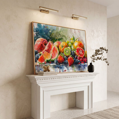 Summer Fruits Still Life Canvas Art, Watercolor Kitchen Wall Decor in white oak floating frame