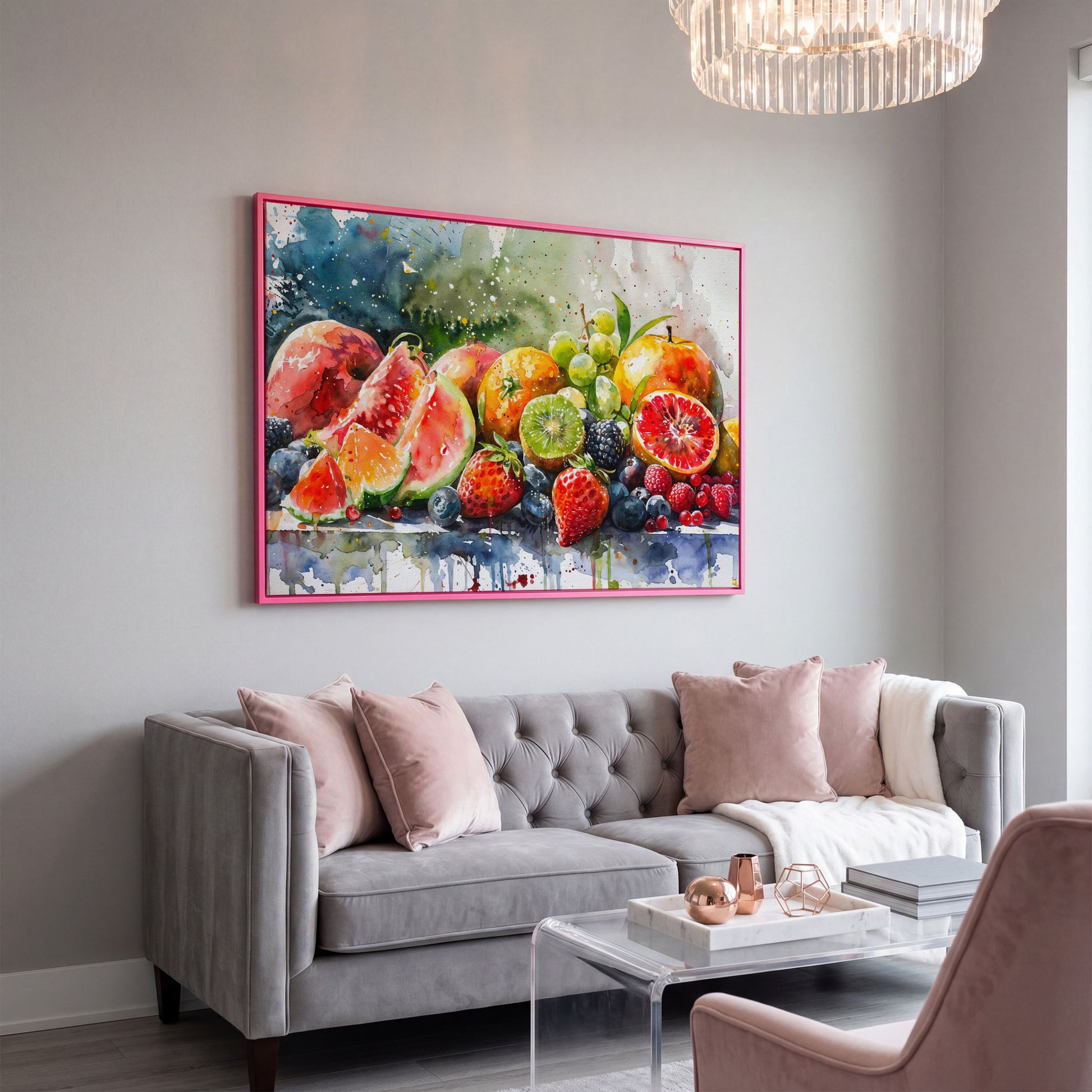 Summer Fruits Still Life Canvas Art, Watercolor Kitchen Wall Decor in pink floating frame