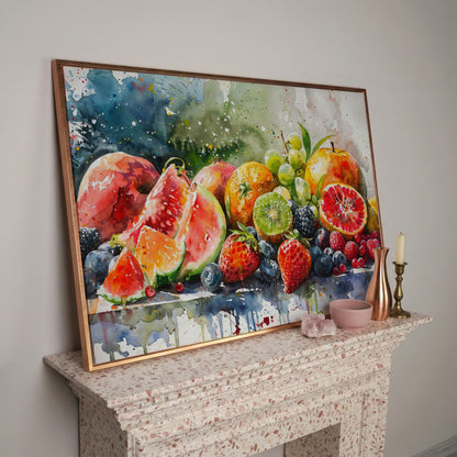 Summer Fruits Still Life Canvas Art, Watercolor Kitchen Wall Decor in rose gold floating frame